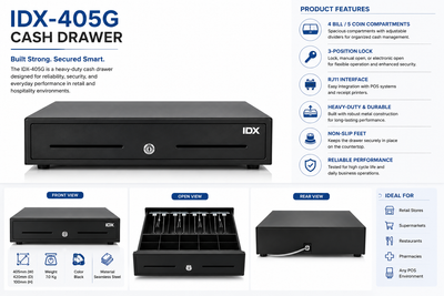 IDX-405G Cash Drawer | 5 Bill & 8 Coin | Alloy Steel